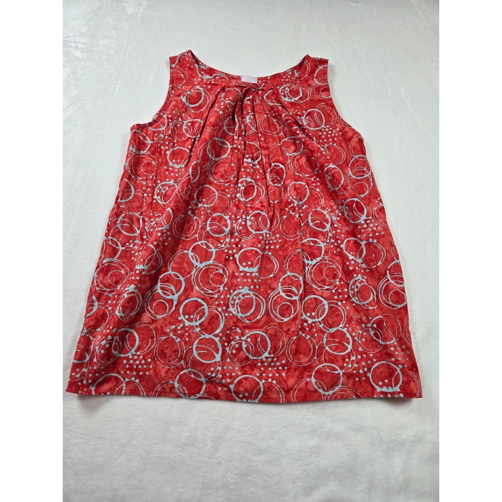 Ann Mashburn Red Batik Circle Print Sleeveless Pleated Neck Blouse Small
